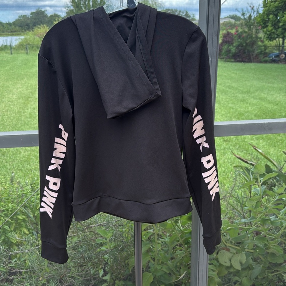 Victoria Secret black PINK crop zip up hoodie size large / xl - Picture 3 of 3